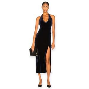 Galvan London Navy Blue Velvet Side Slit Halter Dress